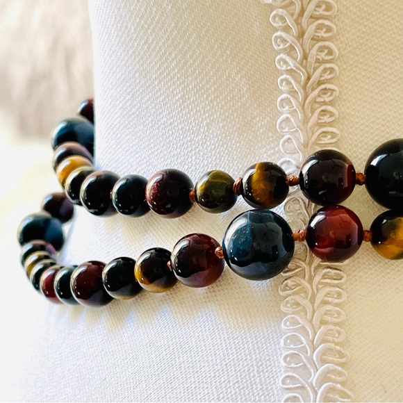 NATURAL TIGERS EYE | Multicolored Gemstones Tigers Eye Round Beaded Necklace 33” - Picture 1 of 15
